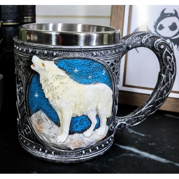 Celtic Howling Direwolf White Wolf At Starry Night Mountains Coffee Mug 14oz