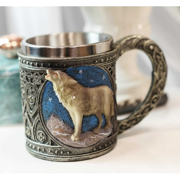 Celtic Howling Gray Wolf At Starry Night Mountains Coffee Mug & Wine Goblet Set