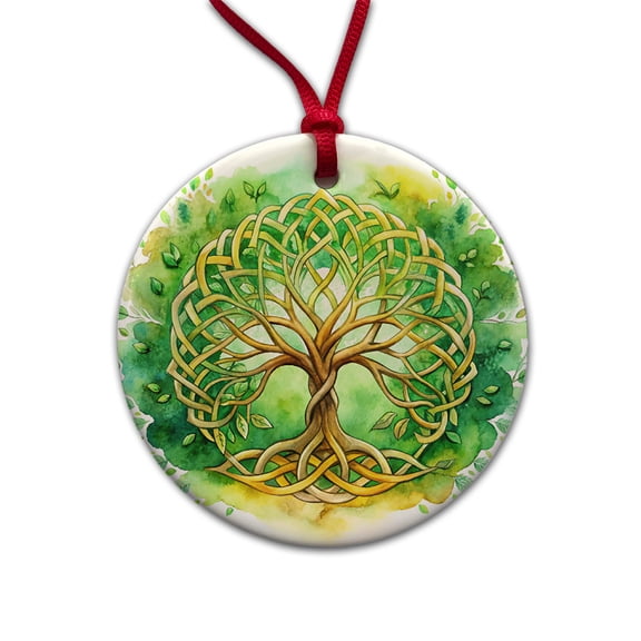 Celtic Irish Tree Of Life Knots Green And Golden Watercolor Christmas Tree Holiday Round Ceramic Ornament