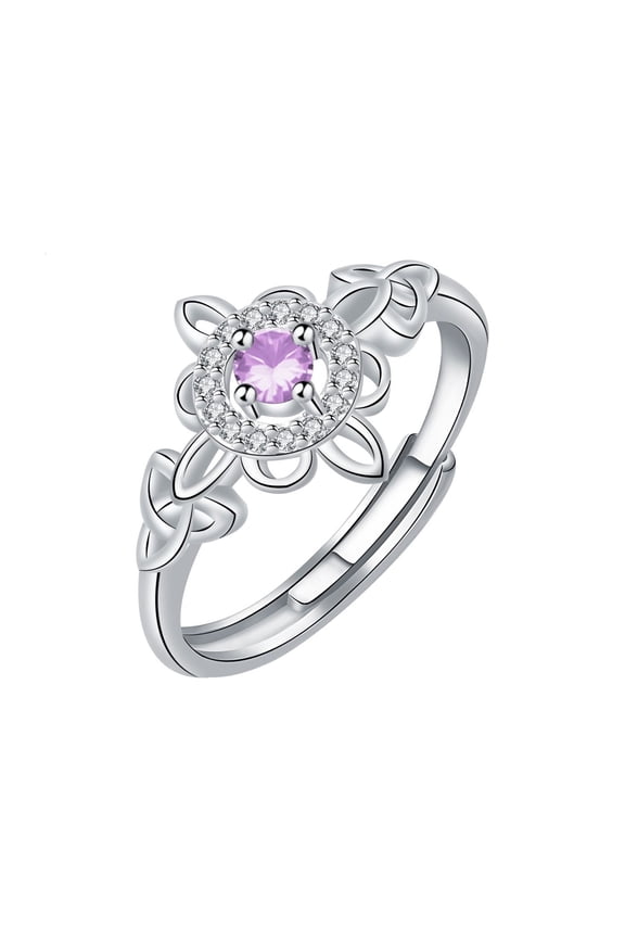 Celtic Knot Cubic Zirconia Ring for Women, Sterling Silver Adjustable Open Ring with Birthstone