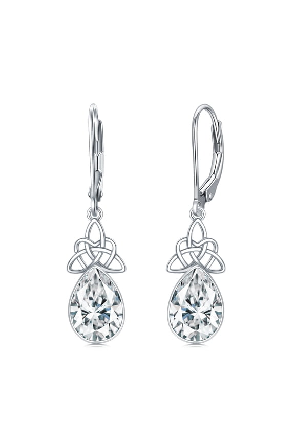 Celtic Knot Dangle Earrings S925 Sterling Silver Birthstone Earrings April Crystal Celtic Leverback Earrings Irish Jewelry Gift for Women