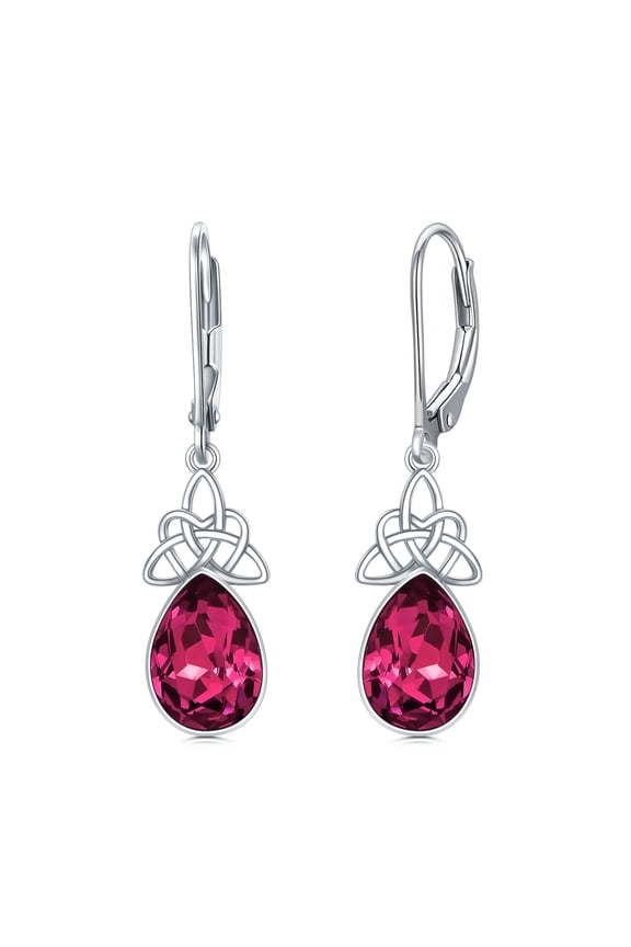 Celtic Knot Dangle Earrings S925 Sterling Silver Ruby Birthstone Earrings July Crystal Celtic Leverback Earrings Irish Jewelry Gift for Women