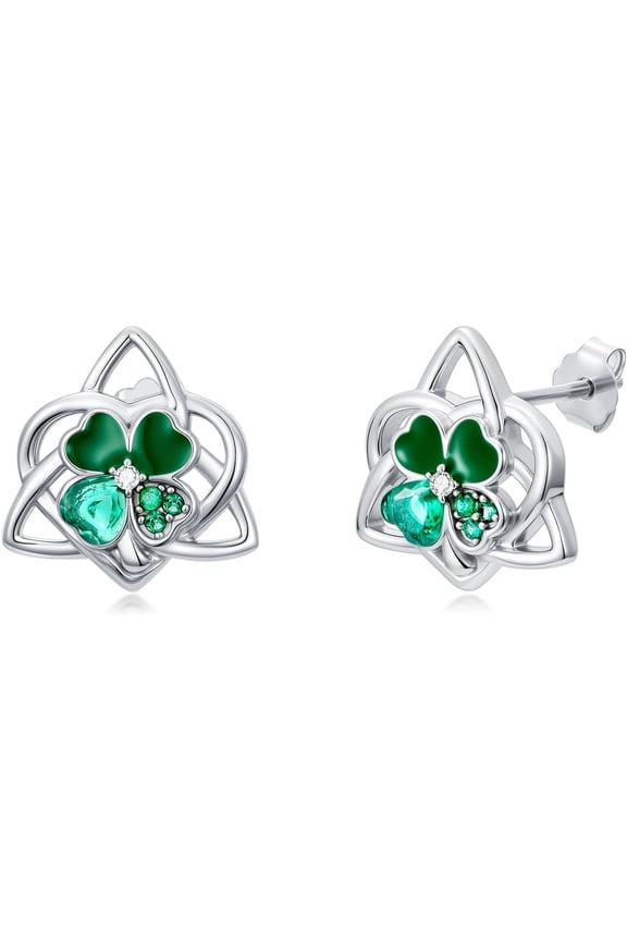 Celtic Knot Green Shamrock Earrings 925 Sterling Silver St Patricks Day Four Leaf Clover Studs Earrings Good Lucky Irish Jewelry Gifts for Women