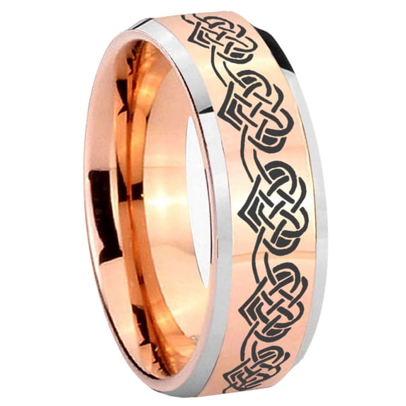Celtic Knot Heart Beveled Edge Rose Gold Tungsten Engraved Ring 10MM