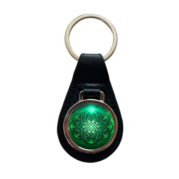Celtic Knot Irish Eternity Love Green Metal Black Leather Keychain