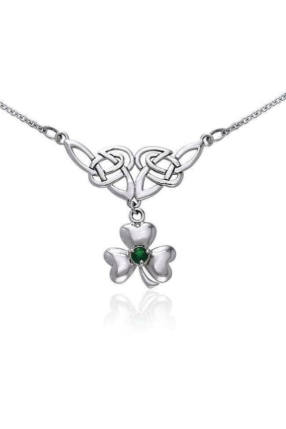 Celtic Knot Irish Shamrock Luck 925 Sterling Silver Necklace Green Glass Jewelry