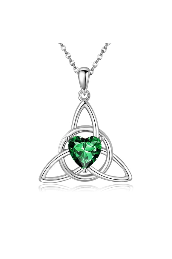 Celtic Knot Necklace for Women S925 Sterling Silver Crystal Emerald Celtic Jewelry Gifts for Her Good Luck Triquetra Triangle Knot Irish Necklace