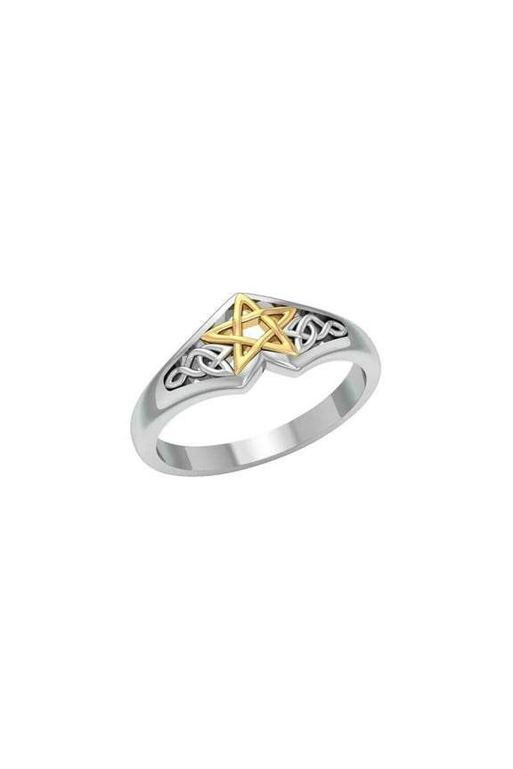Celtic Knot Pentacle Ring 925 Sterling Silver Gold Accent Fine Wiccan Jewelry