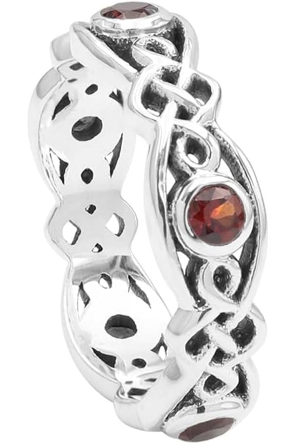 Celtic Knot Red Garnet Band Ring in Sterling Silver for Women - Wedding Band Ring US 5