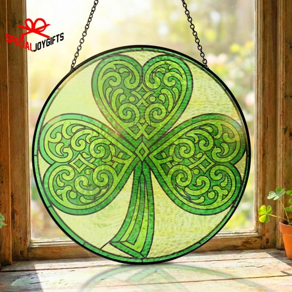 Celtic Knot Shamrock Glass Suncatcher, St. Patrick’s Day Clover Decoration Irish Gift, 6.3 in