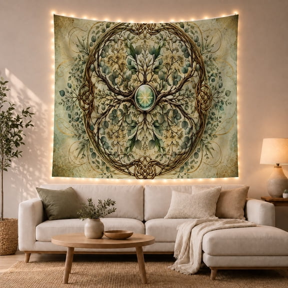 Celtic Knot Tree of Life on Textured Parchment Background, Mystical Boho for Nature Lovers, Botanical Wall Art, Housewarming Gift, Tapestry Wall Hanging for Living Room and Bedroom
