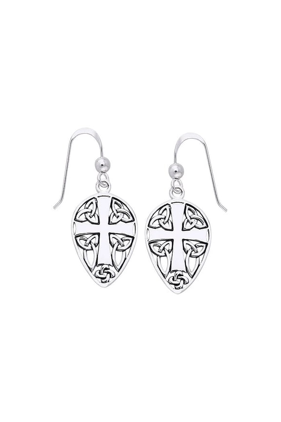 Celtic Knotwork 925 Sterling Silver Cross Shield Earrings Fine Religious Jewelry