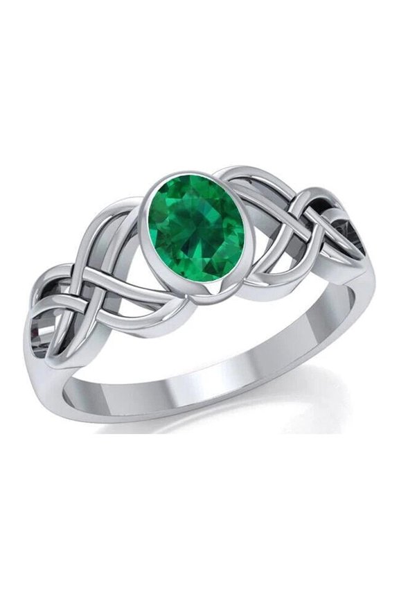 Celtic Knotwork Birthstone Ring Green Glass 925 Sterling Silver Ancestry Jewelry