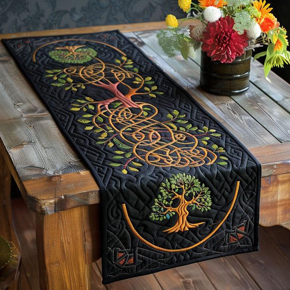 Celtic Knotwork Tree Quilted Dining Runner for Table, Cozy Farmhouse Kitchen Home Decor
