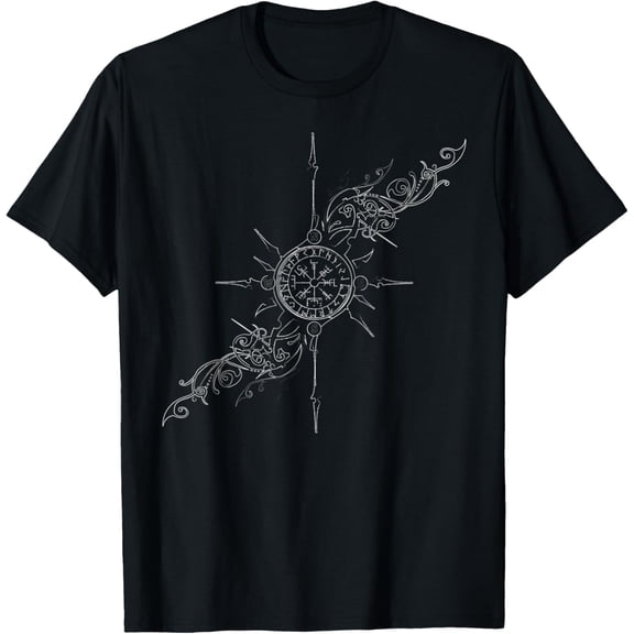 Celtic Lucky Charm Viking Compass Vegvisir Vegvísir Symbol T-ShirtMen and women, Black T-shirt, size: Extra large