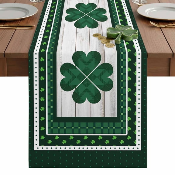 Celtic Lucky Clovers Check with Dot Border Table Runner-72 Inch Long Irish St. Patrick's Day Table Runners Linen Burlap Tablerunner for Kitchen Dining Room Holiday Party