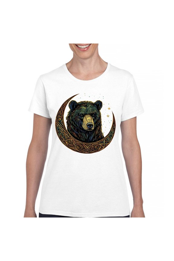 Celtic Moon Bear T-Shirt Mystical Forest Animal Wildlife Nature Spiritual Celestial Lunar Viking Valhala Women's Tee