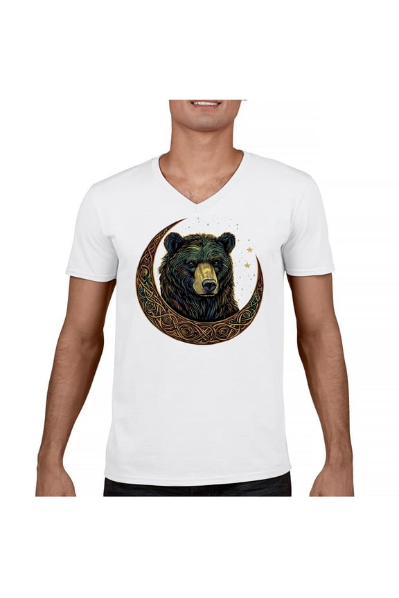 Celtic Moon Bear V-Neck T-shirt Mystical Forest Animal Wildlife Nature Spiritual Celestial Lunar Viking Valhala Tee