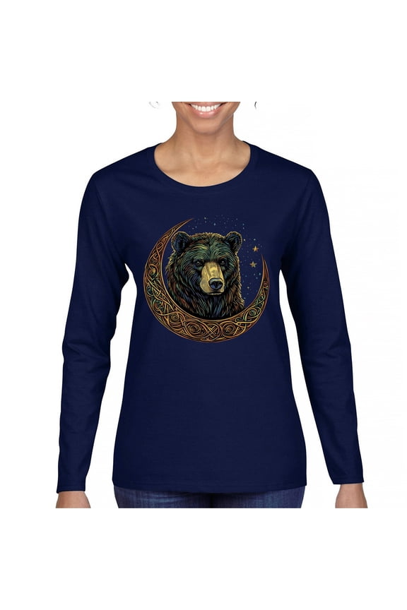 Celtic Moon Bear Women's Long Sleeve T-shirt Mystical Forest Animal Wildlife Nature Spiritual Celestial Lunar Viking Valhala
