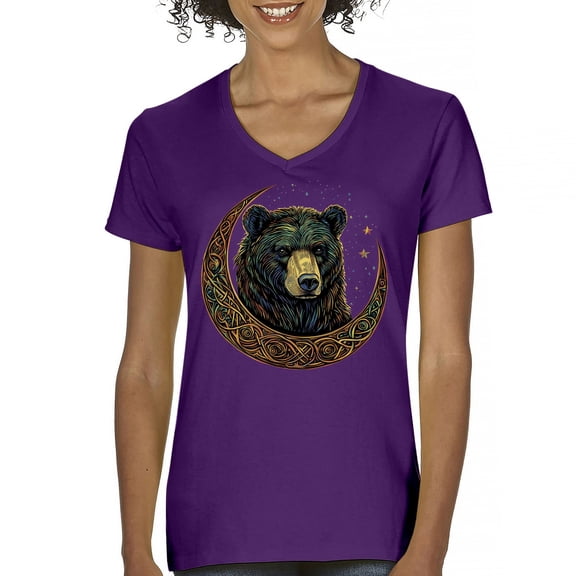 Celtic Moon Bear Women's V-Neck T-shirt Mystical Forest Animal Wildlife Nature Spiritual Celestial Lunar Viking Valhala Tee