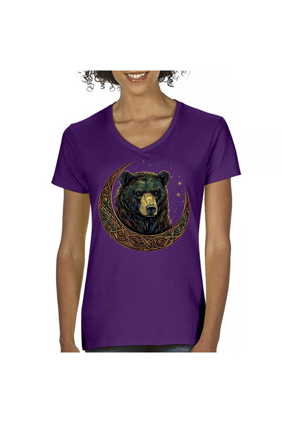 Celtic Moon Bear Women's V-Neck T-shirt Mystical Forest Animal Wildlife Nature Spiritual Celestial Lunar Viking Valhala Tee