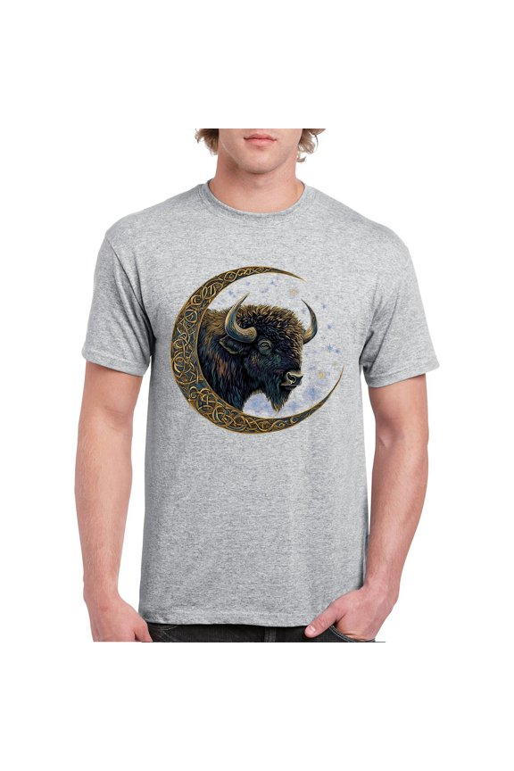 Celtic Moon Bison T-shirt Mystic Forest Animal Wildlife Nature Spiritual Celestial Lunar Viking Valhala Men's Tee