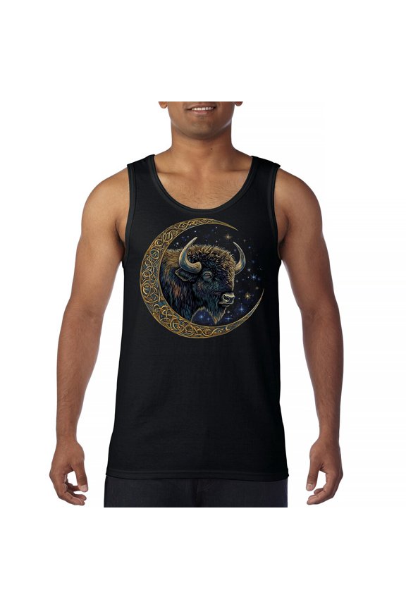 Celtic Moon Bison Tank Top Mystic Forest Animal Wildlife Nature Spiritual Celestial Lunar Viking Valhala Men's Top