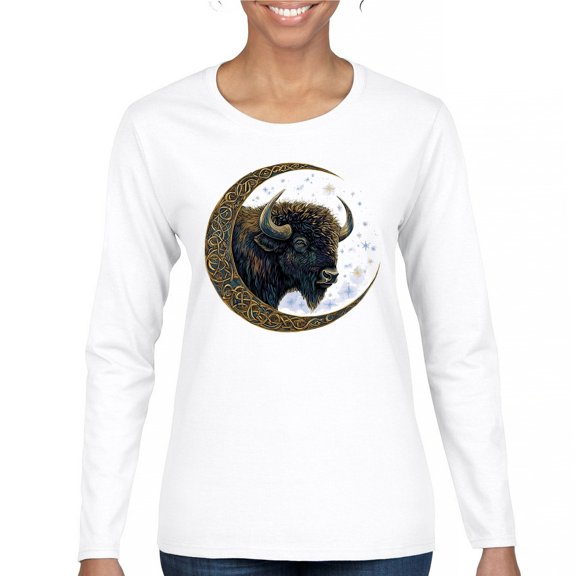 Celtic Moon Bison Women's Long Sleeve T-shirt Mystic Forest Animal Wildlife Nature Spiritual Celestial Lunar Viking Valhala