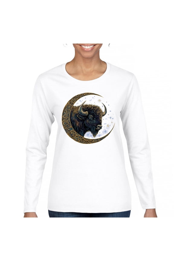 Celtic Moon Bison Women's Long Sleeve T-shirt Mystic Forest Animal Wildlife Nature Spiritual Celestial Lunar Viking Valhala