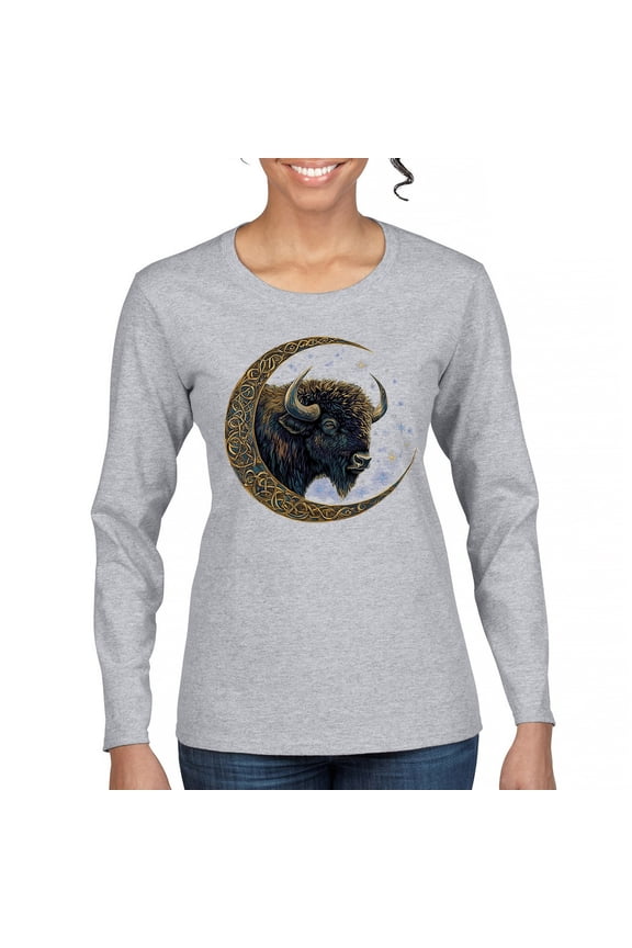 Celtic Moon Bison Women's Long Sleeve T-shirt Mystic Forest Animal Wildlife Nature Spiritual Celestial Lunar Viking Valhala