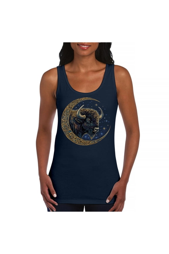 Celtic Moon Bison Women's Tank Top Mystic Forest Animal Wildlife Nature Spiritual Celestial Lunar Viking Valhala