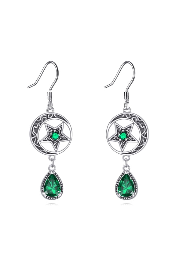Celtic Moon Star Earrings S925 Sterling Silver Emerald Dangling Earrings Star Moon Drop Earrings Celtic Jewelry Gifts for Women