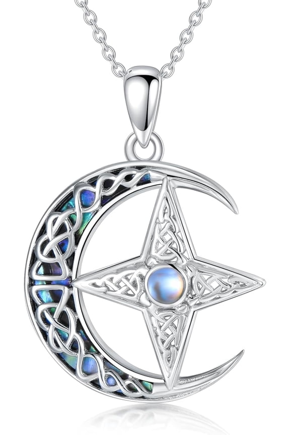 Celtic Moon and Star Necklace 925 Sterling Silver Crescent Moon Pendant with Moonstone Star Jewelry for Women