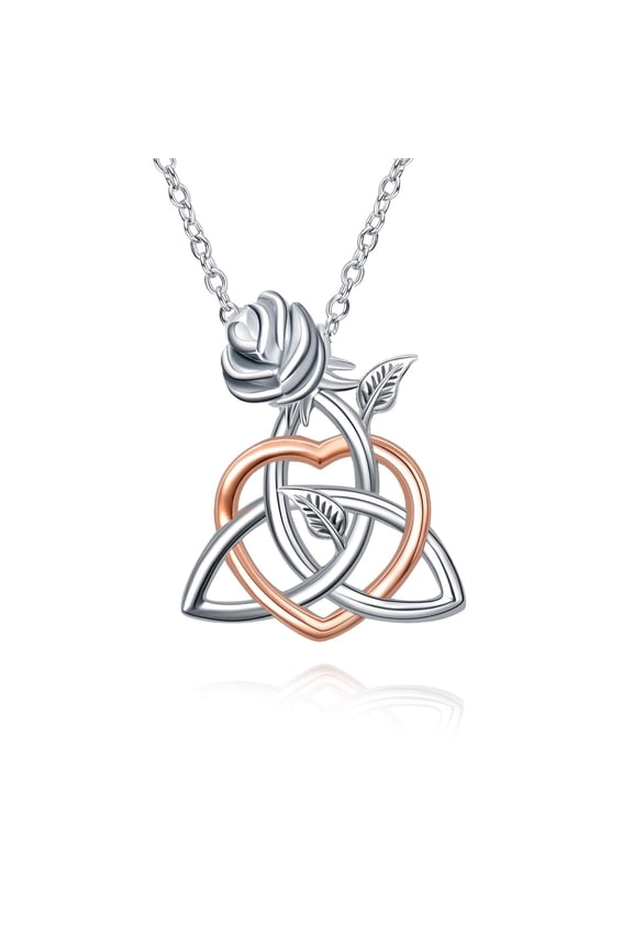 Celtic Necklace Sterling Silver Celtic Triangle Trinity Knot Necklace Heart Rose Pendant Good Luck Irish Jewelry for Women Gifts