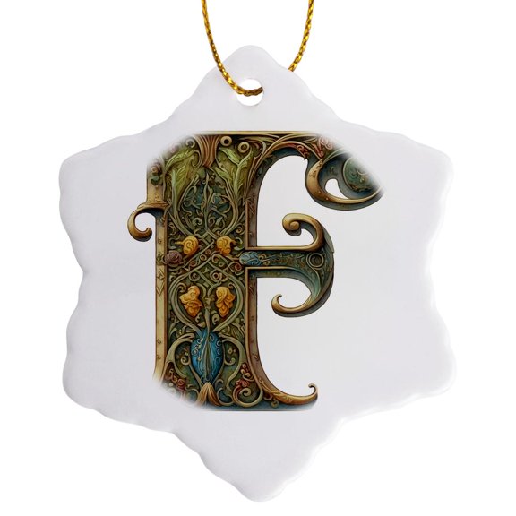 3drose, Celtic Ornamental Monogram F, 3 inch Snowflake Porcelain Ornament