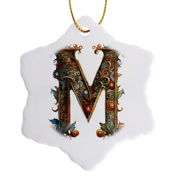 3drose, Celtic Ornamental Monogram M, 3 inch Snowflake Porcelain Ornament