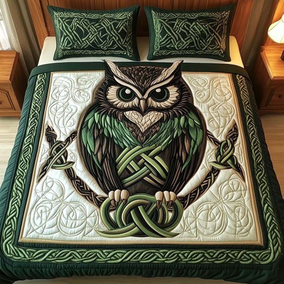 Celtic Owl Guardian 3-Piece Quilted Bedding Set