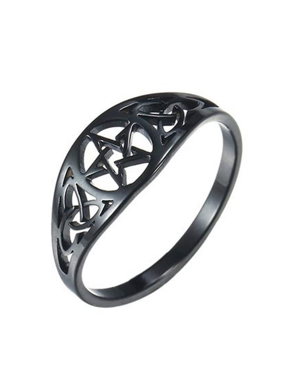 Celtic Pentacle Ring Black Stainless Steel Pagan Protection Star Trinity Band