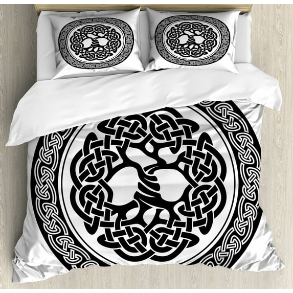 Celtic Queen Size Duvet Cover Set, Native Celtic Tree of Life Figure Ireland Early Renaissance Artsy Modern Design, Decorative 3 Piece Bedding Set with 2 Pillow Shams, Black White, by Ambesonne