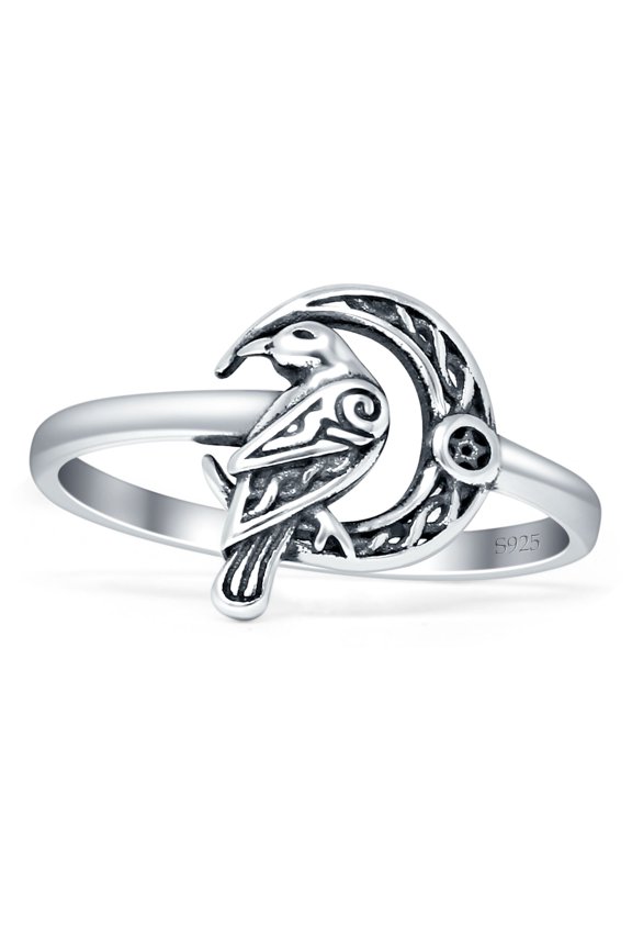 Celtic Raven Crescent Moon Oxidized Ring 925 Sterling Silver 9
