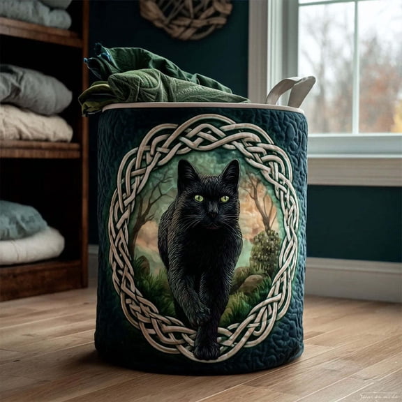 Celtic Shadow Cat Quilted Laundry Basket, Clothes Hamper Storage Bag, Housewarming Gift Ideas, Gift For Mom