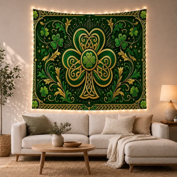 Celtic Shamrock with Gold Knots on Dark Green, Mystical Folk Art for Celtic Decor Enthusiasts, Irish Wall Art Decor, St. Patrick's Day Gift, Tapestry Wall Hanging for Living Room and Bedroom