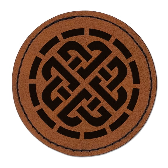 Celtic Shield Knot Ward Symbol of Protection 2.5" Faux Leather Round Engraved Iron-On Patch - Brown