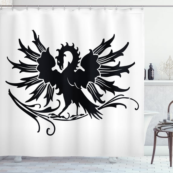 Celtic Shower Curtain, Abstract Fantasy Animal Medieval Eagle Symbol for Culture and Tattoo Design, Fabric Bathroom Set with Hooks, 69W X 75L Inches Long, Black and White, by Ambesonne