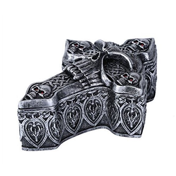 Celtic Skull Ossuary Style Cross Shape Coffin Lidded Trinket Box 6.5 inch L