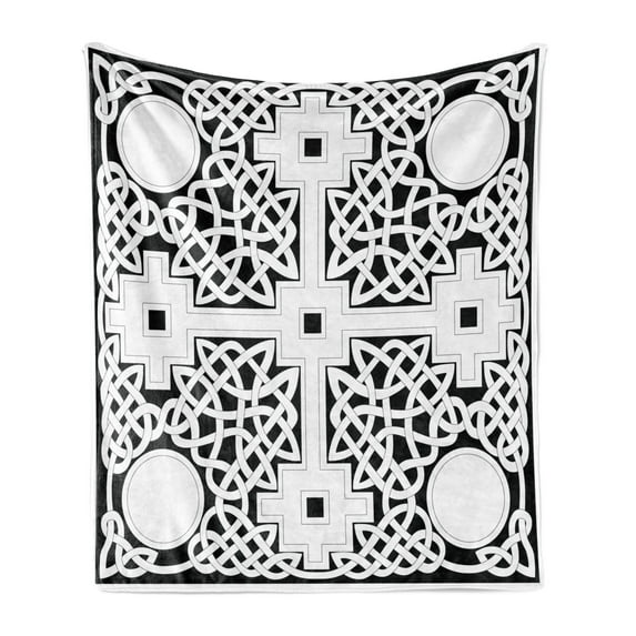 Celtic Soft Flannel Fleece Blanket, Celtic Knot Composition with Prehistoric Geometric Forms in an Intricate Design, Cozy Plush for Indoor and Outdoor Use, 70" x 90", White and Black, by Ambesonne