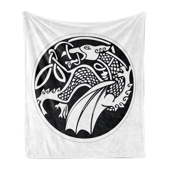 Celtic Soft Flannel Fleece Throw Blanket, Astronomical Druidic of a Mythical Dragon in Round Shape Form Background, Cozy Plush for Indoor and Outdoor Use, 60" x 80", Black and White, by Ambesonne