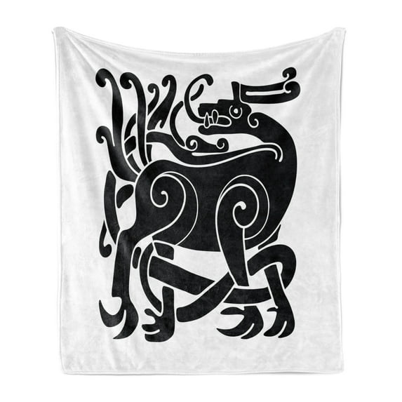 Celtic Soft Flannel Fleece Throw Blanket, Celtic Cultural Mythic Animal Deer in Traditional Ornament for Samhain, Cozy Plush for Indoor and Outdoor Use, 50" x 60", Black and White, by Ambesonne