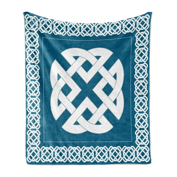 Celtic Soft Flannel Fleece Throw Blanket, Everlasting Knot Motif Representing 4 Elements Earth Water and Air, Cozy Plush for Indoor and Outdoor Use, 60" x 80", Petrol Blue White, by Ambesonne