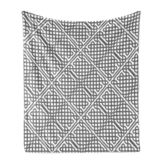 Celtic Soft Flannel Fleece Throw Blanket, Medieval Irish Striped Binding Square Shaped Patterns Old-Fashion Dated Print, Cozy Plush for Indoor and Outdoor Use, 70" x 90", Black White, by Ambesonne